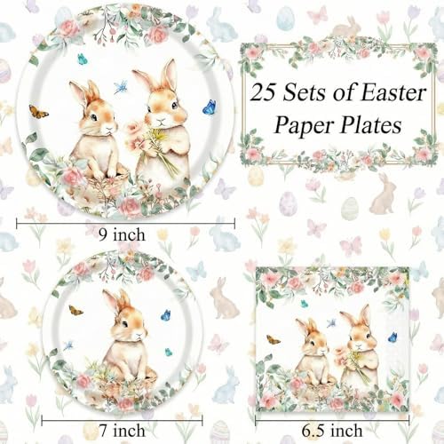 75 Pcs Easter Bunny Party Supplies，Disposable Easter Paper Plates & Napkins for 25 Guests, Thickened Material, Clear Print with Cute Bunny Flowers Spring Easter Tableware for Easter Party Decorations - Image 2