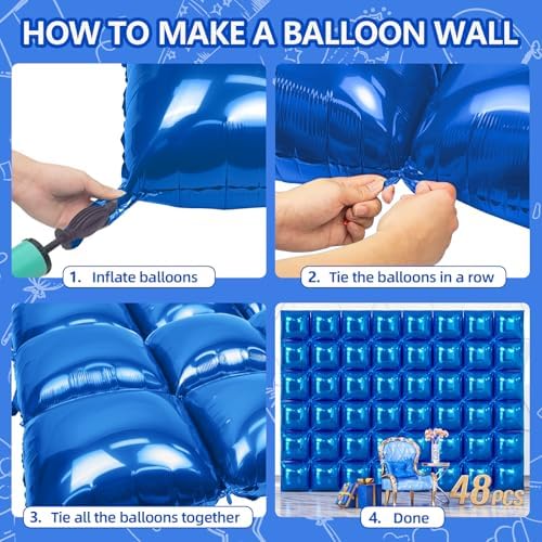 NISOCY 48PCS Metallic Blue Square Foil Balloons Wall Backdrop - Image 4