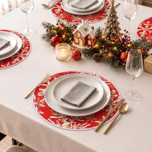 Christmas Round Placemats Set of 4 Red Snowflakes Decorations - Image 3