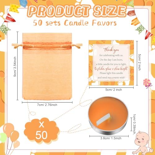 Geosar 50 Sets Baby Shower Favors Tealight Candles with Bags,Orange - Image 2