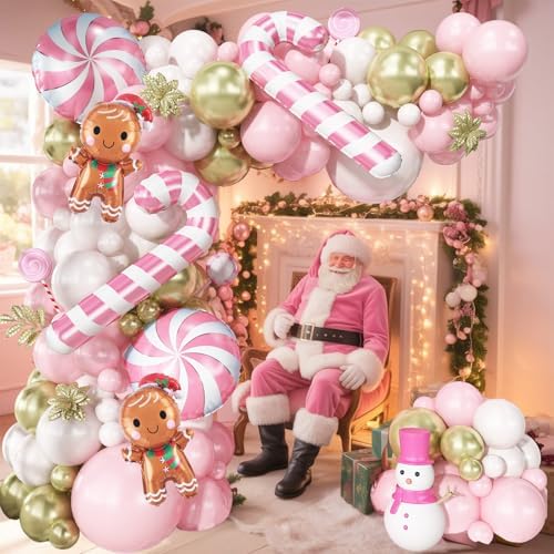 Pink Christmas Balloon Arch Kit, Pastel Baby Pink White Gold Christmas Balloons with Gingerbread Man Candy Cane Swirl Lollipop Foil Balloon for Xmas Birthday Baby Shower Party Decorations - Image 6