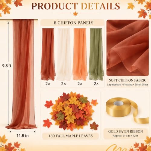 Cinrobiye Fall Table Decorations Set with 8 Pcs Colorful Chiffon Table Runners Artificial Maple Leaves Decorative Ribbon for Thanksgiving Autumn Harvest Wedding Party Home Seasonal Decor - Image 2