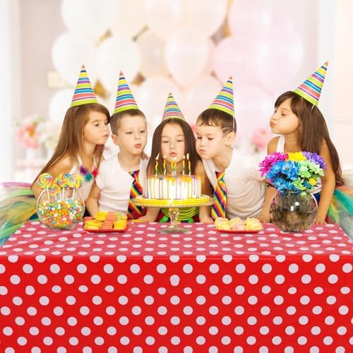 Kesfey 3 Pack Red Polka Dot Table Cloths 54 x 108 Inch Mickey Minnie Mouse Tablecloth Disposable Plastic Red Waterproof Rectangle Picnic Table Covers Christmas Carnival Tablecloths for Birthday Party - Image 6