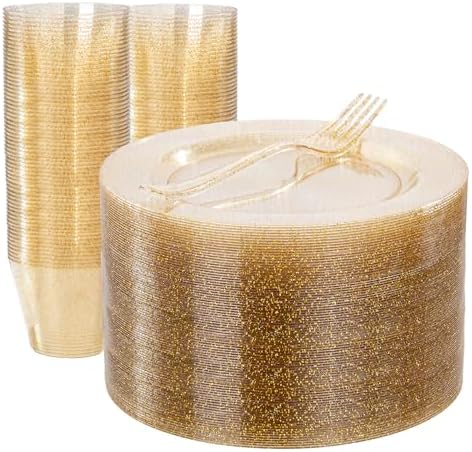 WELLIFE Gold Glitter Plastic Plates, 150 PCS Dinnerware Set for 50 Guests by WELLIFE