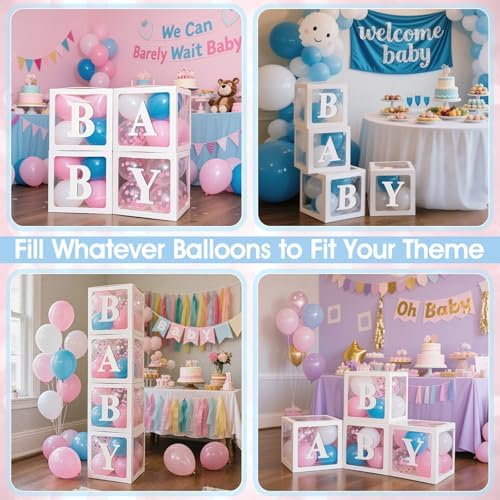 Ledido Baby Boxes with Letters for Baby Shower Decorations with 38 Balloons, 4 pcs Clear Balloon Boxes Blocks for Boys Girls Gender Reveal Decorations Birthday Backdrop Party (White) - Image 6
