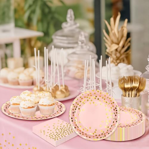 Pink and Gold Paper Plates and Napkins Tablecloth Party Supplies,Serves 25 Guests Pink Gold Plates and Napkins Tablecloth,Disposable Tableware Set for Birthday Wedding Bridal Shower Decorations - Image 6