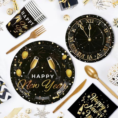 168pcs Happy New Year Party Supplies, Black and Gold Paper Plates Napkins Cups and Gold Cutlery for 24 Guests, 2026 New Year Disposable Tableware Supplies for Party Decorations - Image 5