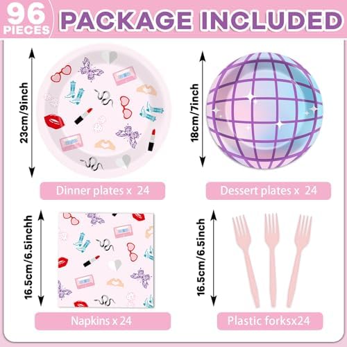96Pcs Era's Birthday Party Plates and Napkin Women Music Birthday Party Supplies Iridescent Disco Dessert Plates Music Tableware Set for 24 Guest Bachelorette Decorations - Image 2