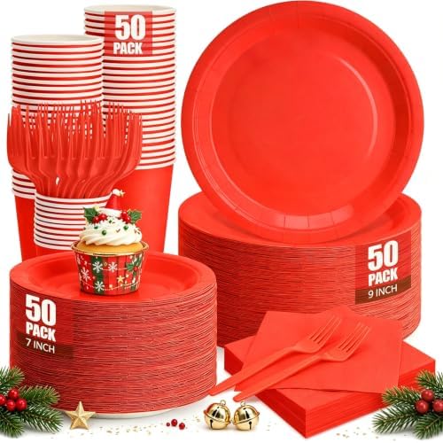 250Pcs Red Paper Plates and Napkins Party Supplies, 9’’Disposable Red Party Plates, 7’’Dessert Plates Cups Napkins Forks Sets for Christmas, Birthdays, Graduations, Valentines Days, Serves 50 by CENLBJ