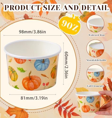 Nihuecne 100 Pcs 9 oz Fall Themed Disposable Dessert Bowls, Thanksgiving Snack Bowls Autumn Themed Paper Disposable Soup Bowls for Hot or Cold Food Autumn Party Supplies - Image 3