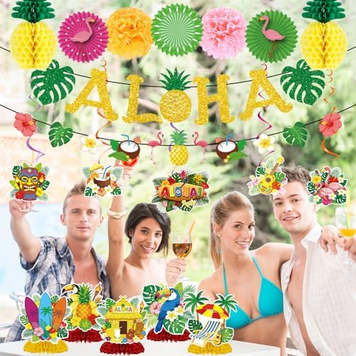 Hawaiian Aloha Party Decorations, 20PCS Hawaiian Tropical Luau Banners with Hanging Swirls Decoration, Flamingo Pineapple Paper Fans Pom Poms and Honeycomb Centerpieces Decor for Summer - Image 5