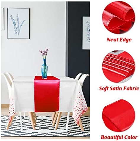 16Pack Disposable Plastic Tablecloths and Satin Table Runner Set White and Red Dot Tablecloth Red Satin Table Runner for Wedding Birthday Baby Shower Anniversary Christmas New Year Party Supplies - Image 3