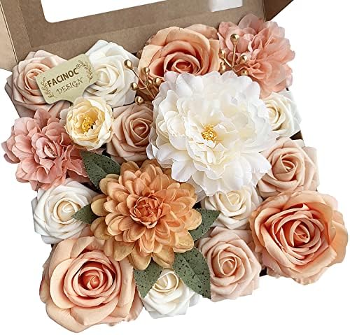 FACINOC Artificial Flowers Orange Mix Fake Flower Dahlia Roses with Stems by FACINOC