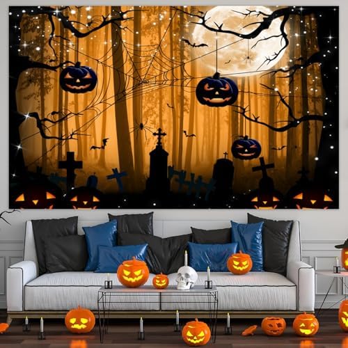 Misty Forest Backdrop Dark Spooky Halloween Eve Full Moon Orange Black Horror Spider Cemetery Hanging Pumpkins Background Photography Studio Photo Booth Props 10x6.5ft - Image 3