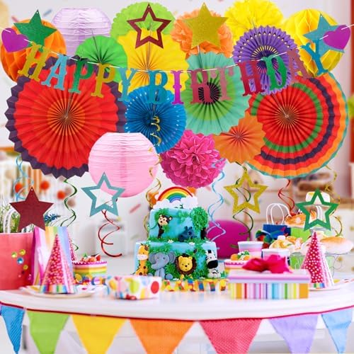 Multicolored Birthday Party-Decorations - 32pcs Colorful Fiesta Mexican Party Decorations for Men Women Boys Girls, Happy Birthday Banner Paper Streamers Lanterns Tissue Pom Poms - ZERODECO - Image 4