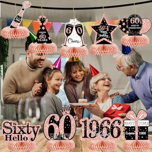 9Pcs 60th Birthday Decorations Honeycomb Centerpieces for Women, Rose Gold Pink Happy 60th Birthday Centerpieces Tables Toppers Party Decorations Supplies, Vintage 1966 Aged Table Sign Decor - Image 6