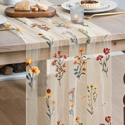Artoid Mode Wildflower Beige Apricot Embroidery Table Runner 120 Inch 10FT by ArtoidMode