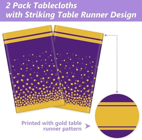 LANLISA Purple and Gold Tablecloth Graduation Decorations 2025 2 Pack, Disposable Plastic Table Cloths for Birthday Masquerade Retirement Party Decor - Image 4