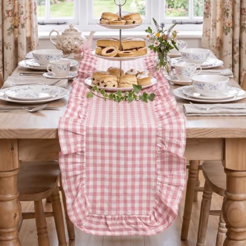 Artoid Mode Pink Farmhouse Plaid Gingham Ruffle Table Runner, Seasonal Scalloped Spring Kitchen Dining Table Decoration for Home Party Decor 13x90 Inch - Image 2