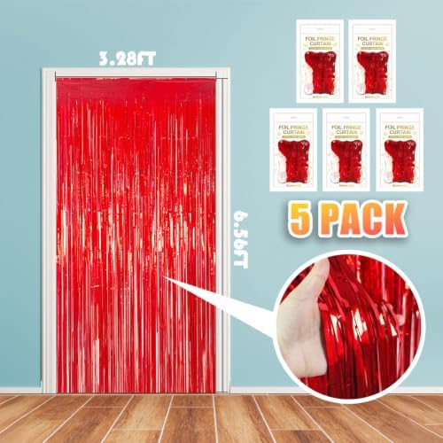 5 Pack 3.28ft x 6.56ft Shiny Red Tinsel Foil Fringe Curtains - Image 2