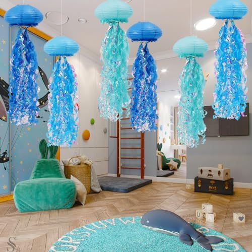 Jellyfish Paper Lanterns Mermaid Birthday Decorations Pack of 6 - Image 3