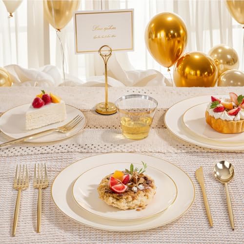 bUCLA 150PCS Ivory Plastic Plates - Heavy Duty Cream Disposable for Party, Thanksgiving, Fall Harvest & Autumn- Include 25 Each（Dinner & Dessert） Plates, 25 Knives, 25 Forks, 25 Spoons & 25 Cups - Image 4