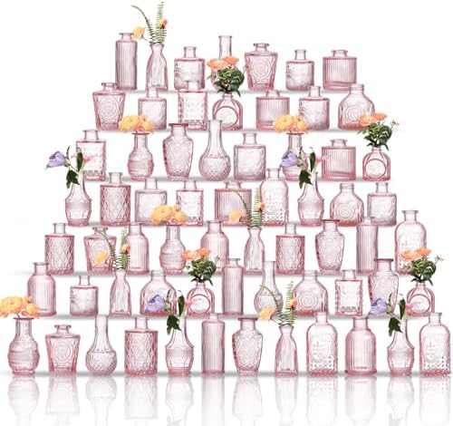 Glass Bud Vases Set of 64 - Pink Assorted Small Mini Glass Vases for Flowers, Crystal Vintage Vase Set, Bulk Centerpieces for Table Décor, Wedding, Home and Events (Pink, 64 Pcs) by Unknown
