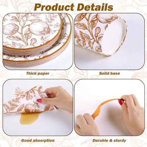 Kochorie 144 Pieces Thanksgiving Vintage Floral Party Supplies, Orange Tableware Sets Including Fall Disposable Pomegranate Paper Plates Napkins Cups Forks Serves 24 for Wedding Fall Party Decorations - Image 3