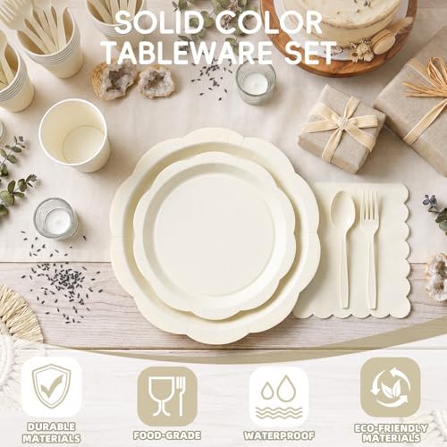 Ivory Party Supplies for 25 Guests, 175 Pcs Elegant Paper Plates and Napkins Set with Cups, Knives, Forks & Spoons, Thickened Decagonal Plates for Bridal Shower Engagement Garden Party - Image 6
