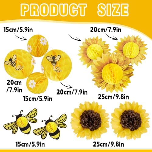 SUNBEAUTY Sunflower Party Decorations 3D Bee Honeycomb Hanging Decor Yellow Tissue Paper Flowers Birthday Yellow Sunflower Ceiling for Classroom Bulletin Board Wall Baby Shower Summer Garden Party - Image 2