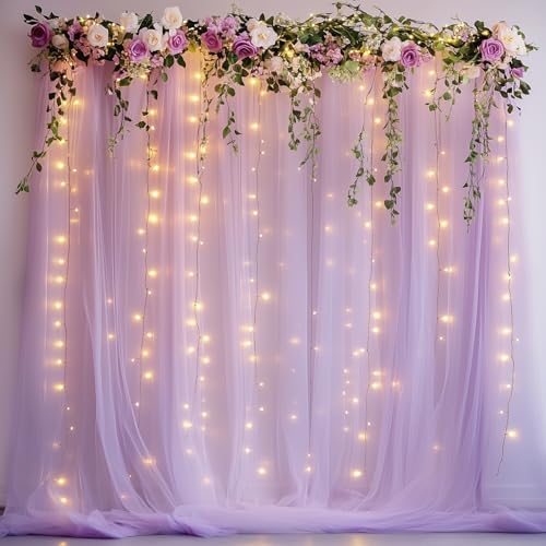 Tulle Backdrop Curtains with Lights Lavender 10x10ft Sheer Curtain Backdrop by Fomcet