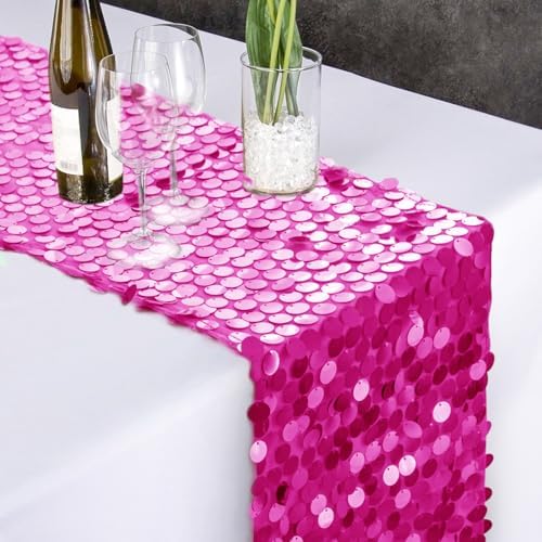 Pufogu 12 x 108 Inch Sequin Table Runner,Fuchsia Glitter Premium Big Sequin Table Runner, Rectangle Table Runners for Halloween, Christmas, Wedding Party, Birthday Party, Banquet Decor (1 Pack). - Image 7