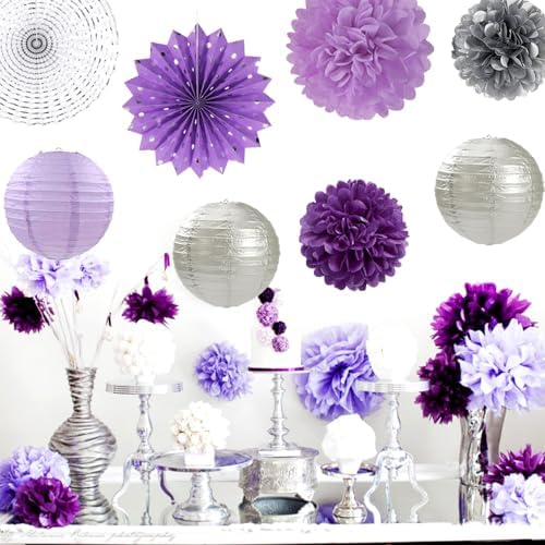 Purple Lilac-Lavender Silver Women Birthday Party-Decorations - 21pc Happy Banner,Paper Lanterns Streamers,Tissue Pom Poms Honeycomb Flower Fan, Girls Hanging Decor Supplies Garland Backdrop Huglony - Image 6