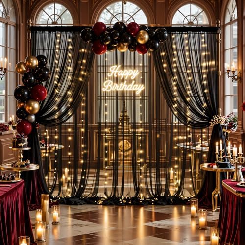 Black Sheer Backdrop Curtains with Lights String for Parties Birthday 10ft × 8ft Black Tulle Backdrop Curtain for Baby Shower Wedding Graduation Halloween Party Photo Shoot Decorations by Suppromo