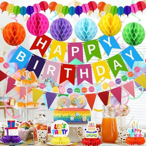Birthday Decorations Kit, Happy Birthday Banner with Table Centerpieces, Colorful Paper Flag Garland, Hanging Swirl Streamers & Honeycomb Balls for All Birthday Party Decorations - Image 5