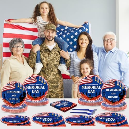 96Pcs Memorial Day Plates and Napkins for Remember and Honor Soldier Party Supplies Thank You Soldiers Dessert Plates Veterans Day Tableware Set for 24 Guests 4th of July Party Decorations - Image 6