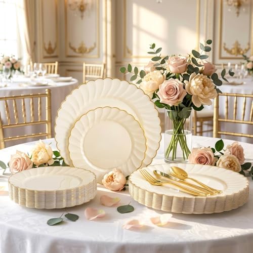YOUBET 175PCS Ivory Scalloped Plastic Plates for Party Wedding - Image 5