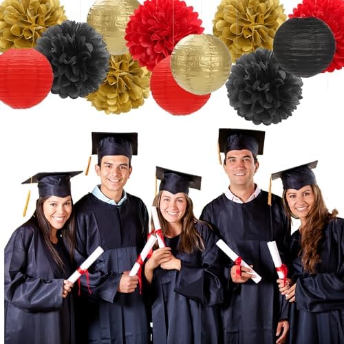 Red-Black Gold Party-Decorations Paper Flowers Lanterns - 15PCS Casino Theme Halloween Tissue Pom Poms Streamers,Game Night Women Men Birthday Wedding Bachelorette Hanging Supplies Decor Hugfond - Image 5
