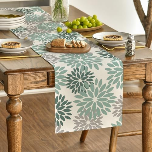 Artoid Mode Light Green Dahlia Floral Pinnata Spring Table Runner, Seasonal Kitchen Dining Table Decoration for Home Party Decor 13x36 Inch - Image 3