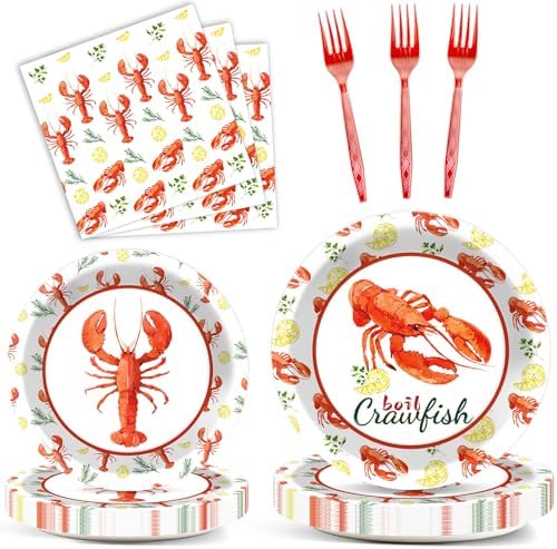 Qyeahkj 100 Pcs Crawfish Boil Party Plates and Napkins Set Crawfish Party Decorations Supplies Lobster Seafood Shrimp Boil Tableware Crawfish Crab Party Favors for Birthday Baby Shower Serve 25 by Qyeahkj