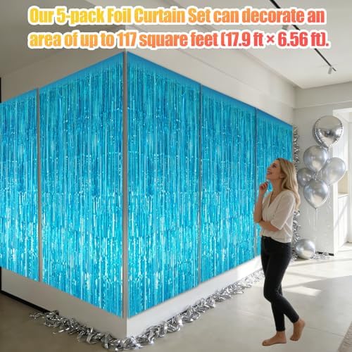 5 Pack 3.28ft x 6.56ft Light Blue Metallic Tinsel Foil Fringe Curtains, Photo Booth Backdrop Party Decorations for Birthday Wedding Baby Shower Graduation Bachelorette New Years - Image 3