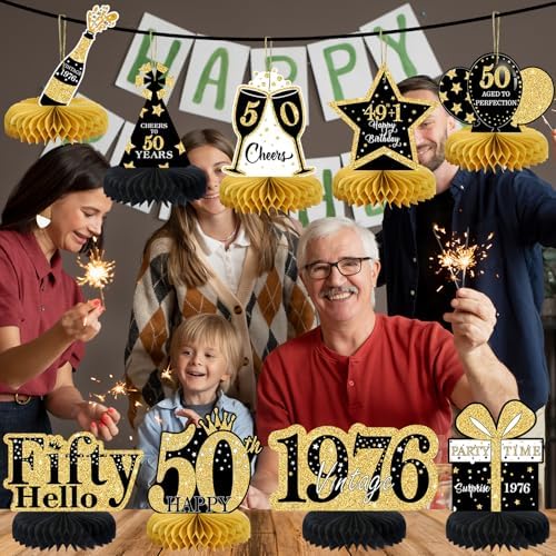 9 Pcs 50th Birthday Decorations Honeycomb Centerpieces for Women Men, Black Gold 1976 Aged to Perfection Vintage Centerpieces for Tables Toppers,Fifty Years Party Decorations Supplies - Image 6