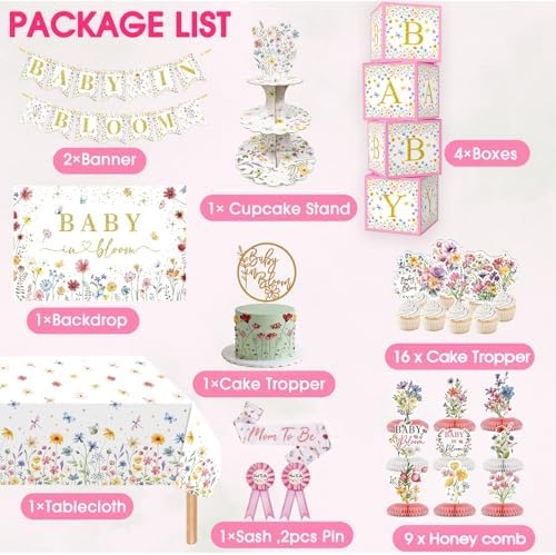 Baby In Bloom Baby Shower Decorations, 175Pcs All in One Set Wildflower Baby Shower Decorations Boxes Banner Backdrop Tablecloth Cake Topper Balloon Sash for Floral Baby in Bloom Shower Party Girls - Image 3