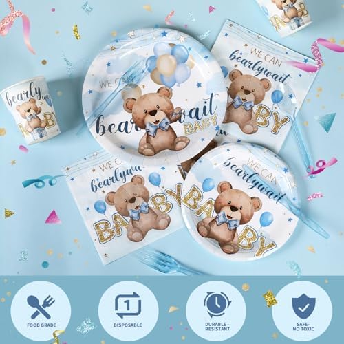 350pcs Bear Baby Shower Decorations for 50 Guests Party Supplies for Boy Include Paper Plate, Napkin, Cup and Disposable Plastic Tableware - Image 4