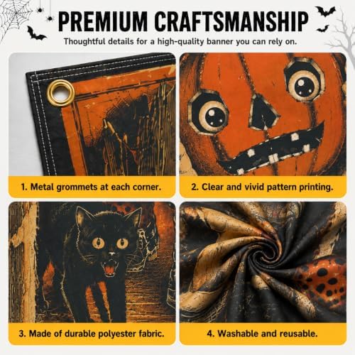 Halloween Pumpkin Character Door Banner 35.4 x 78.7 Inch Polyester Door Cover, Vintage Pumpkin Entrance Decoration with Black Cat for Front Door Porch Entryway Seasonal Home Decor - Image 3