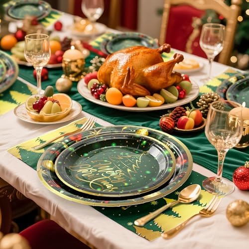 72PCS Christmas Plates and Napkins for Party Decorations, Set of 24 Merry Christmas Disposable Tableware Supplies,Green Gold Christma Tree Paper Plates for Christmas in July Party - Image 5