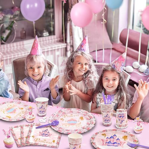 164 PCS Princess Birthday Party Decorations For Girl, 12 Tableware Sets, Castle Balloons, Balloon Arch, Disposable Paper Plates, Backdrop, Balloon Pump, Princess Party Decorations - Image 6