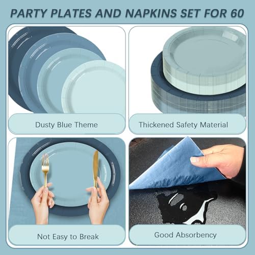 180Pcs Blue Paper Plates Party Supplies Paper Plates and Napkins Serve 60 - Image 3