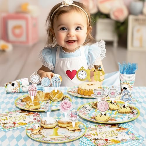 Party Inspo Onederland 1st Birthday Party Decorations for Girls-Wonderland Theme Tableware Supplies with Plates, Napkins, Cups, Cutlery, Serves 24, Perfect for Tea Party 197PCs - Image 5
