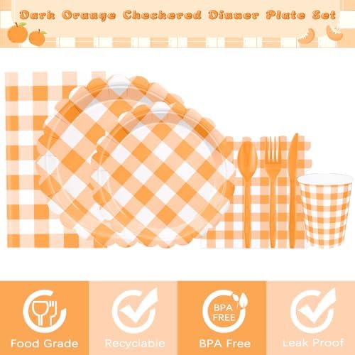 WNINK 175 PCS Orange Gingham Plates and Napkins, Orange Checkered Disposable Plates Set with Napkins Cups Plastic Spoons Forks Knives for Dinner Birthday Baby Shower Wedding Supplies Serve 25 Guests - Image 6
